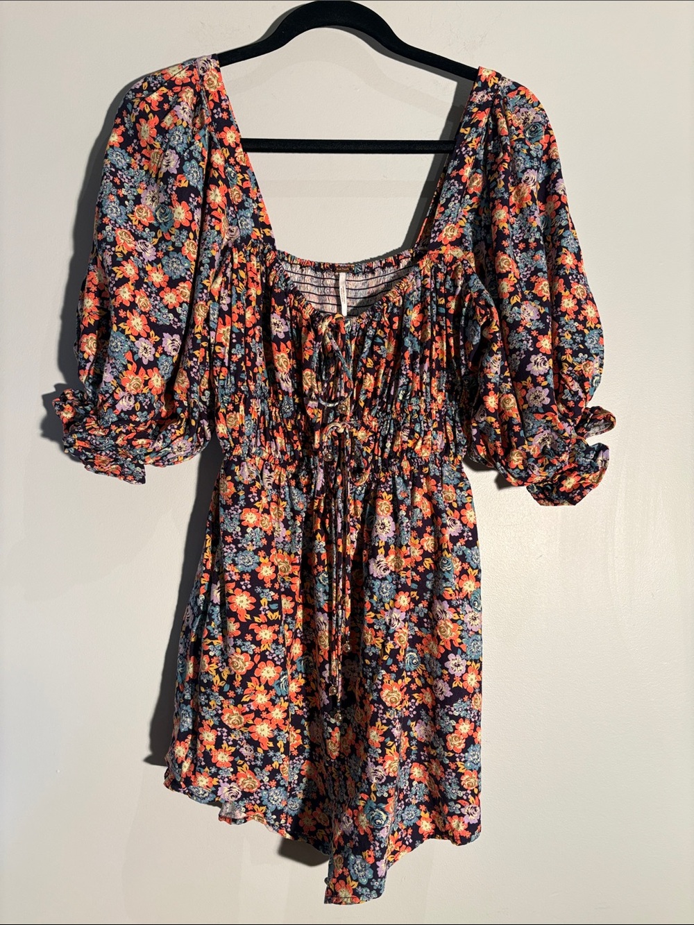 Free People Floral Puff Sleeve Smocked Mini Dress Size M